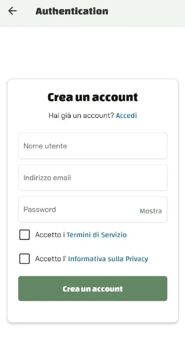 Schermata app Luminatens - Creazione Account