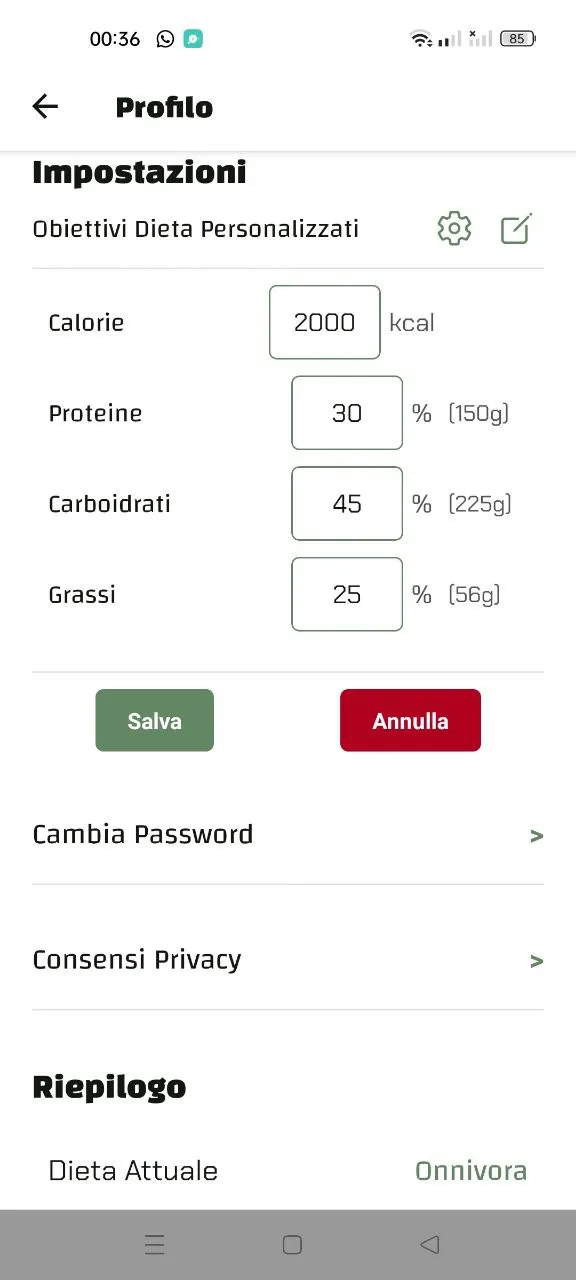 Schermata app Luminatens - Impostazione Profilo