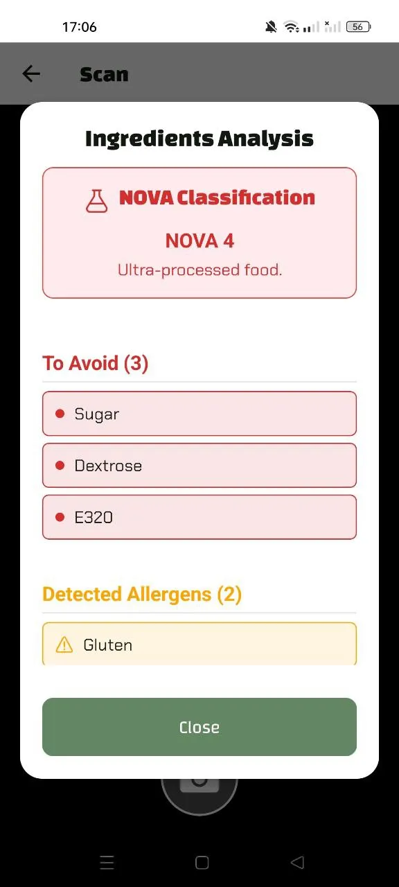 Luminatens app - Ingredient analysis results